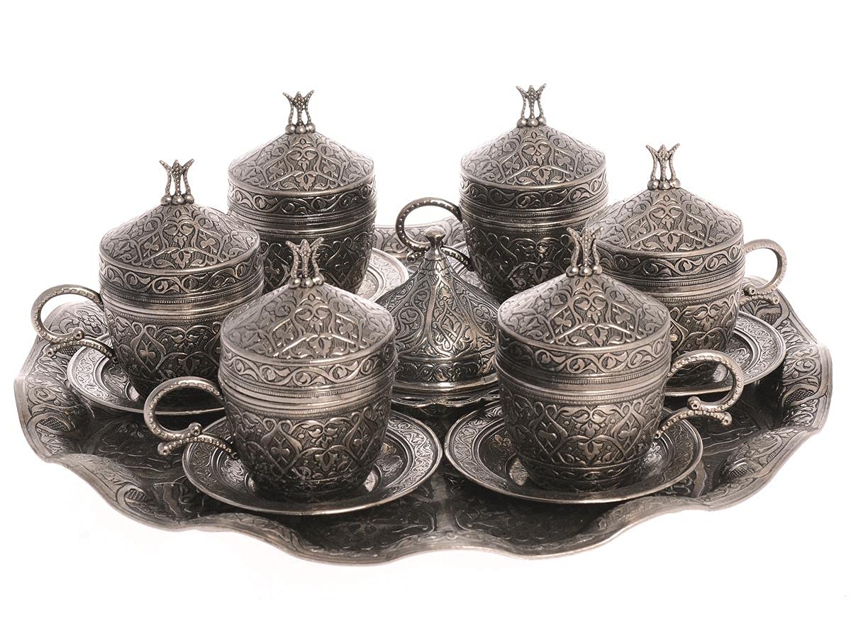 Premium 6-Piece Porcelain Turkish Coffee Set - Tulip Dark Silver Espresso Cups with Saucer, Lid & Tray - Elegant Arabic Greek Coffee Gift for Women & Men - Perfect for Home, Weddings & Coffee Lovers - Ideal for Entertaining Guests & After-Dinner Coffee Rituals