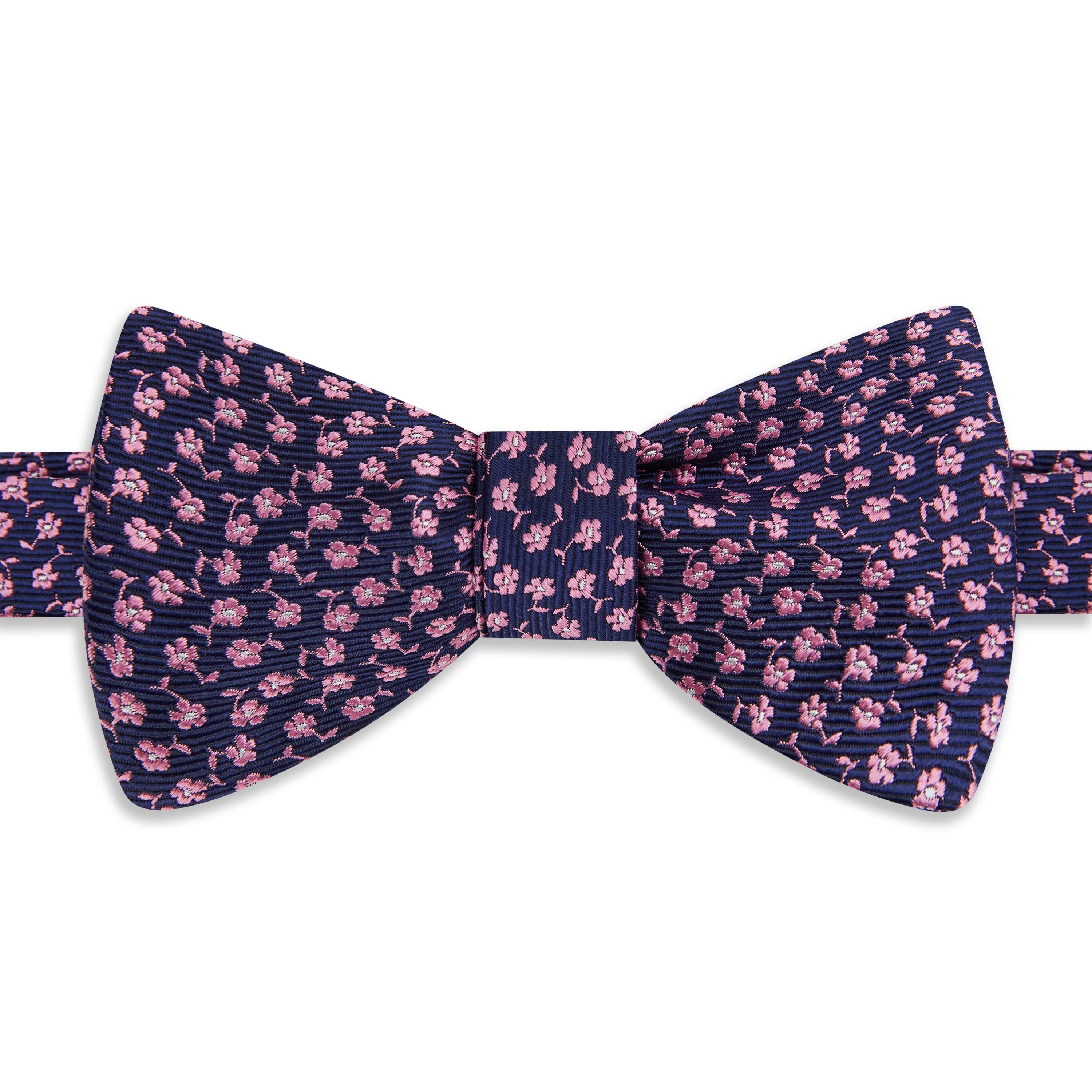 Elegant Navy & Pink Micro Floral Jacquard Woven Silk Bow Tie for Men - Perfect for Weddings, Formal Events & Special Occasions
