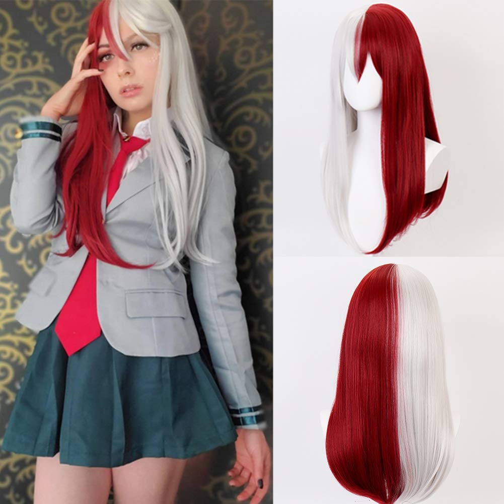 Kaneles Long Straight Anime Cosplay Wig for Women - Half White Half Red Synthetic Hair - Perfect for Halloween, Cosplay, and Themed Parties