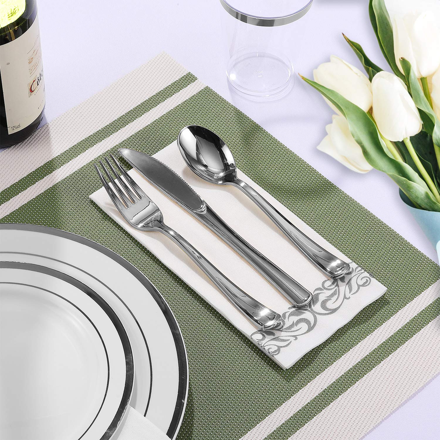 FOCUSLINE 175-Piece Silver Dinnerware Set for 25 Guests - Elegant Disposable White Plastic Plates with Silver Rim, Includes 25 Dinner Plates, Dessert Plates, Silverware Sets, Cups & Napkins - Perfect for Weddings, Parties, Catering & Special Events