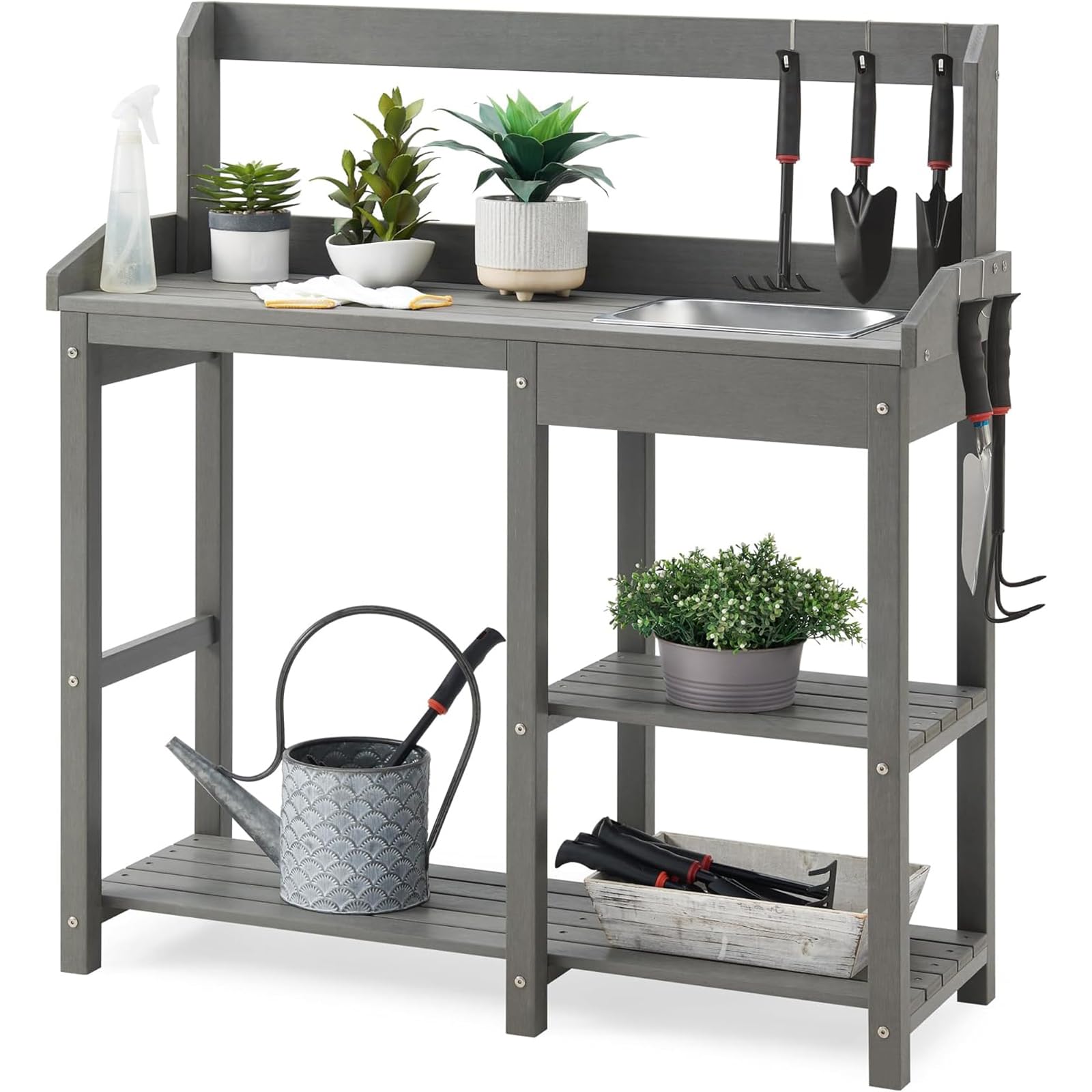EFURDEN Patio Garden Potting Bench Table - Durable Poly Lumber Outdoor Workstation with Removable Sink & Open Storage Shelf | Perfect for Gardening, Planting, and Outdoor DIY Projects