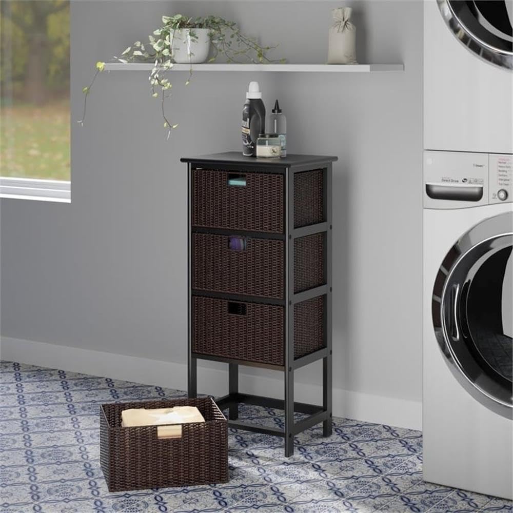 Pemberly Row Solid Wood Storage Rack with 4 Foldable Baskets - Black & Chocolate - Organize Closet, Bathroom, or Nursery - Space Saving Home Decor