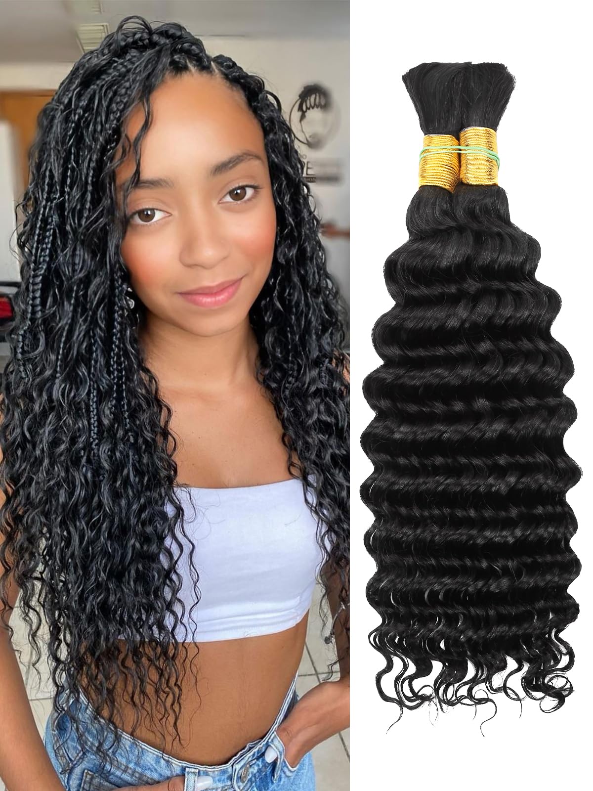 1B Black Deep Wave Bulk Human Hair for Braiding - 18 Inch No Weft Curly Hair Extensions (100g) | Perfect for Boho Braids, Wet & Wavy Styles, Protective Hairstyles & Natural Hair Care