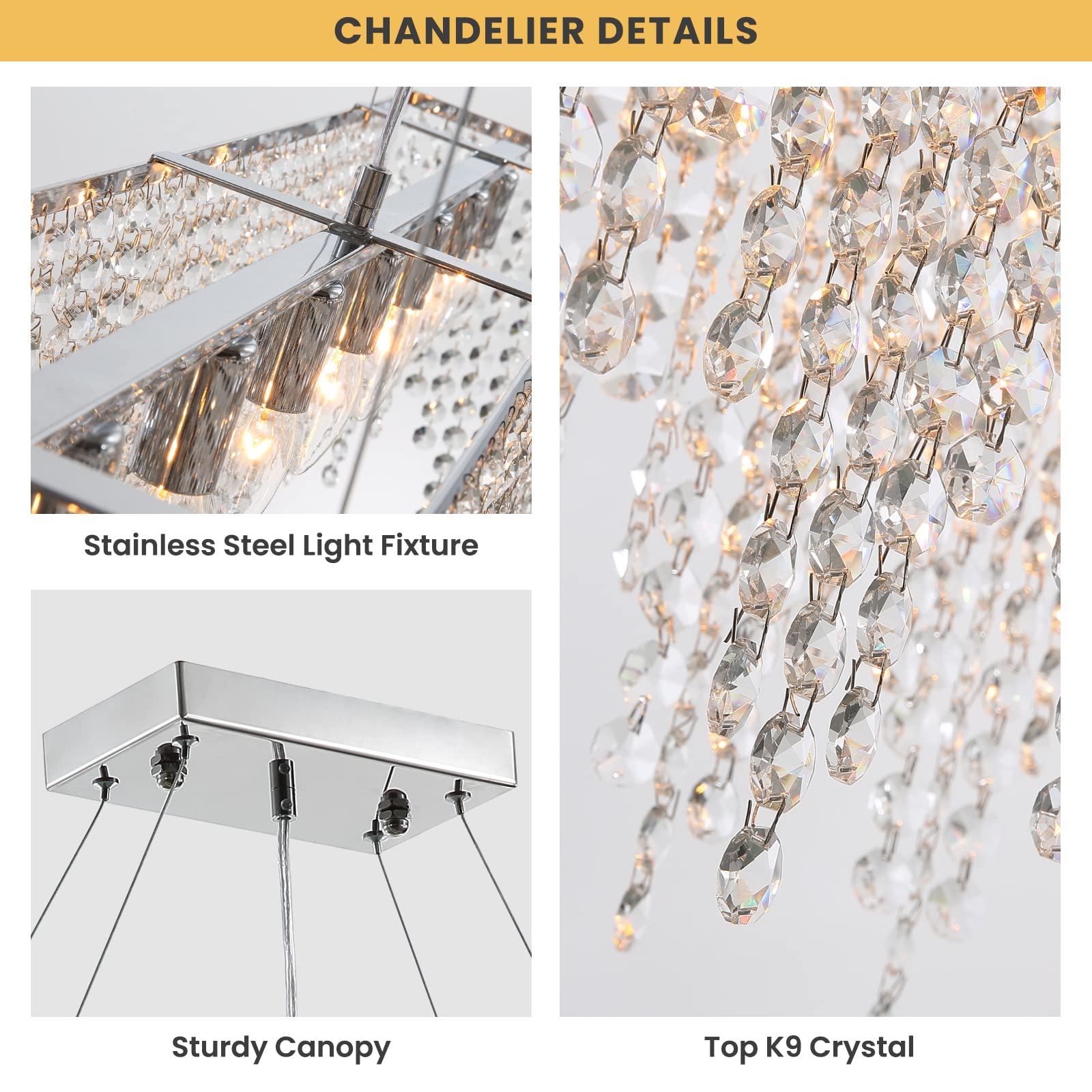 7PM 10-Light Rectangle Crystal Chandelier - Modern Linear Pendant Lighting for Dining Room & Kitchen Island (47