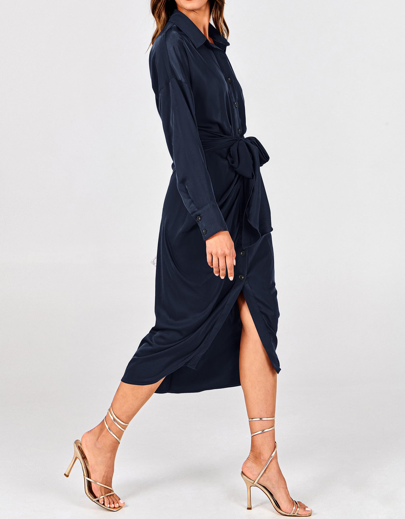 BTFBM Women's Elegant Long Sleeve Satin Dress - V Neck Button Down Lapel Maxi Shirt Dress with Belt & Ruched Detail for Spring Summer 2025 | Perfect for Weddings, Parties & Office Wear