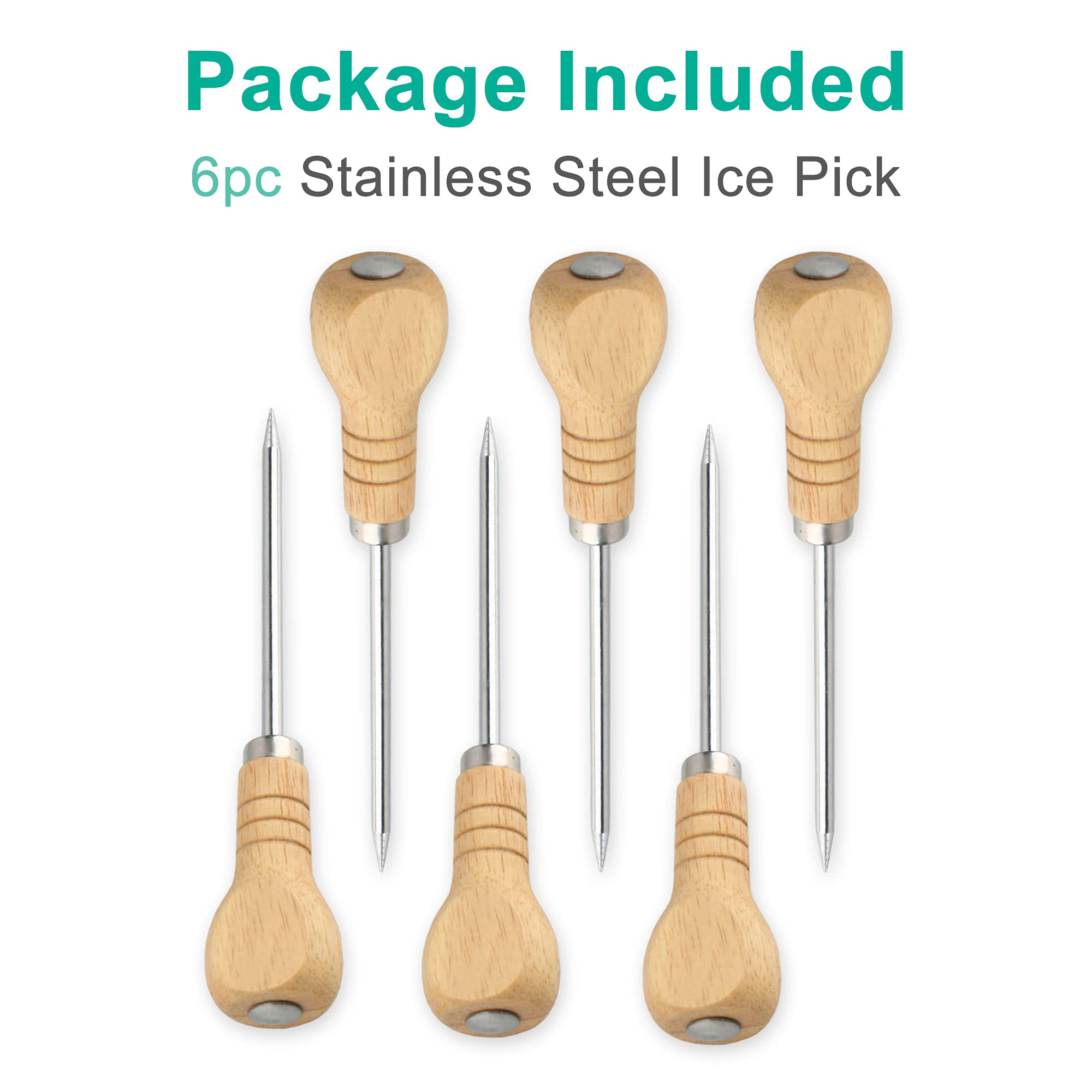 6-Piece Stainless Steel Ice Pick Set with Safety Wooden Handle - Heavy Duty Ice Breaker Tool for Kitchen, Bartending & Cocktail Making - Perfect for Crushing Ice Cubes, Shaved Ice & Frozen Drinks