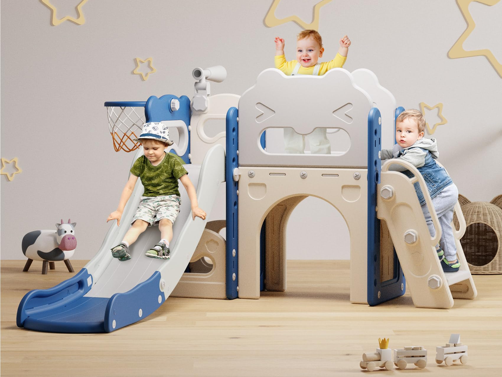 Babytronic 7-in-1 Toddler Slide Playset for Kids Ages 1-3 - Indoor & Outdoor Baby Slide with Basketball Hoop & Telescope - Blue & Gray Toddler Playground Equipment for Home, Backyard, Daycare & Preschool Play Areas