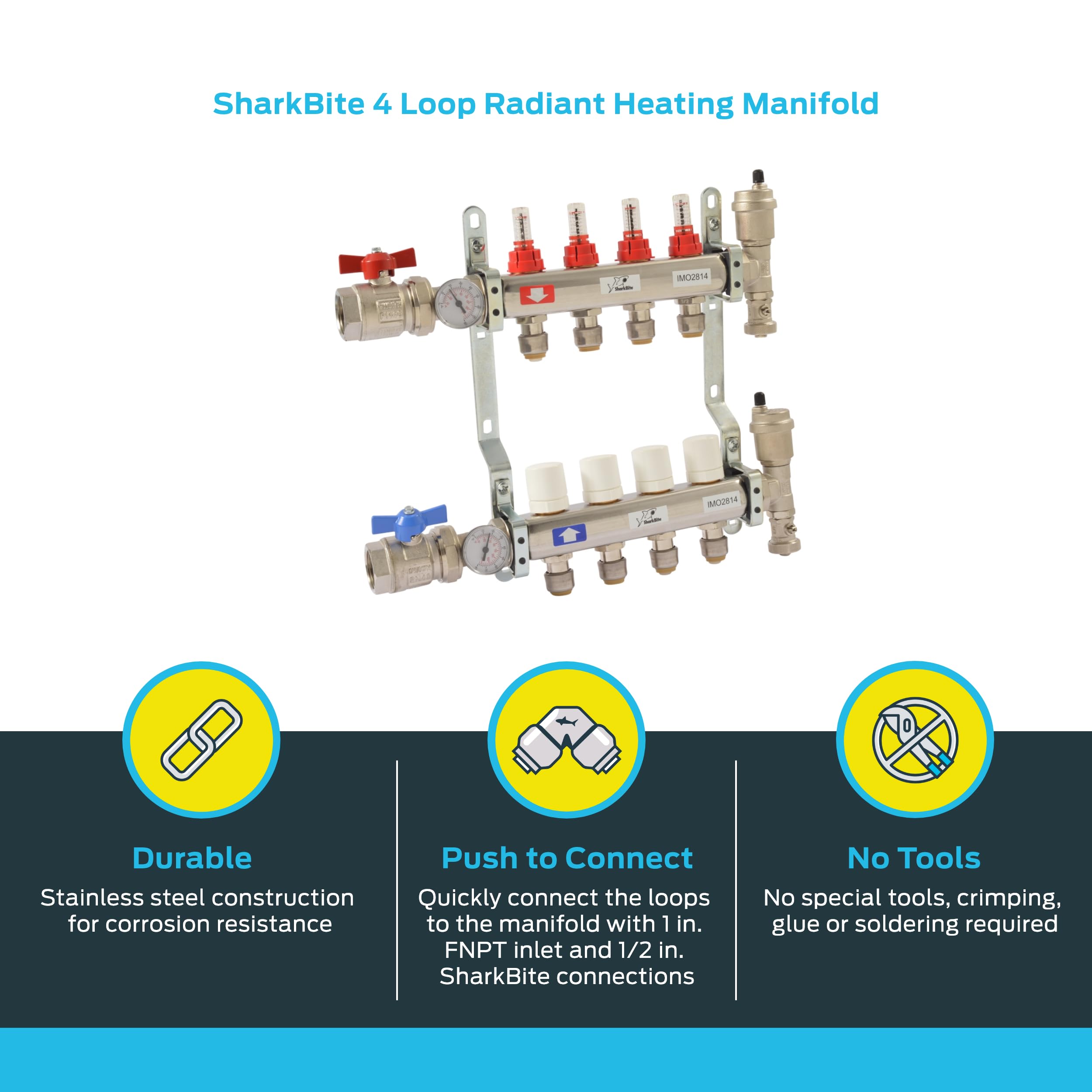 SharkBite 4 Loop Radiant Heating Manifold - Push to Connect Brass Plumbing Fitting for PEX Pipe & PE-RT (Model 24931) - Perfect for Hydronic Heating Systems & Underfloor Heating Installations