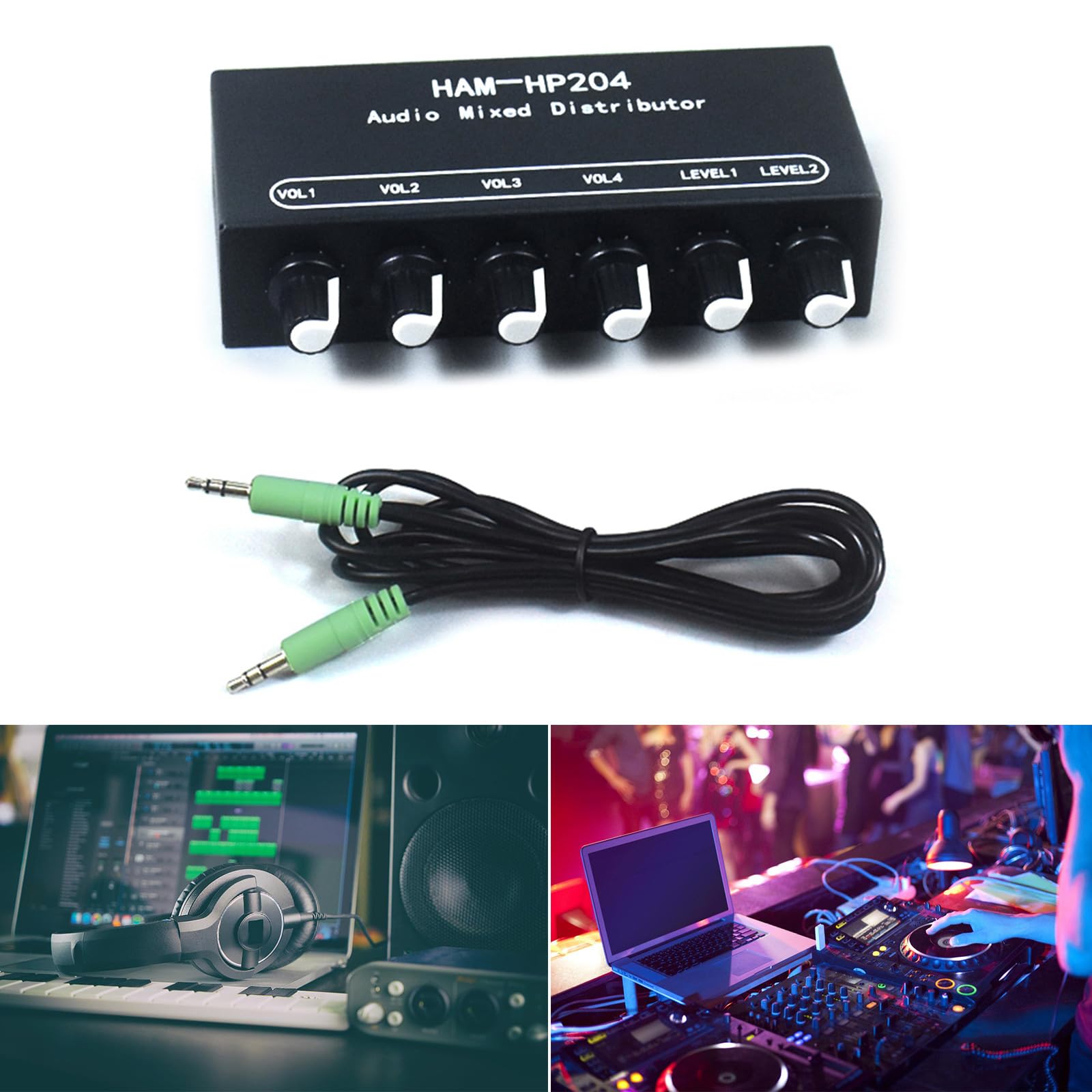 2 Input 4 Output 3.5mm Stereo Audio Mixer Selector Switcher - Headphone Amplifier with Individual Volume Control for Home Studio, DJ Setup & Gaming Stations