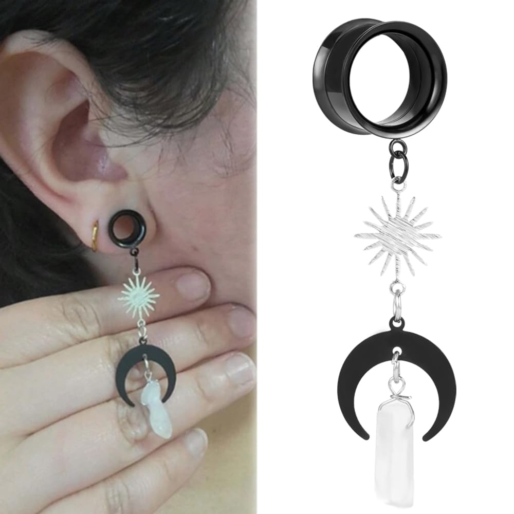2PCS Moon Pendant Natural Stone Stainless Steel Dangle Ear Plugs Tunnels Stretcher Piercing Body Jewelry for Women Men - Boho Chic Style for Parties, Concerts & Everyday Wear