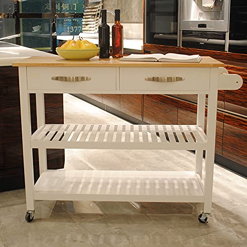 3-Tier Rolling Kitchen Cart with Natural Wood Countertop - 2 Drawers & 2 Storage Shelves - Mobile Kitchen Island Organizer for Small Spaces - Perfect for Cooking, Serving, and Home Bar Use