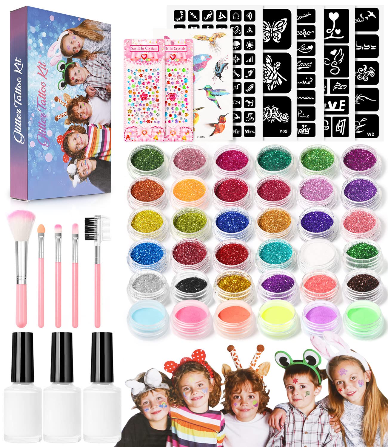 Glitter Tattoo Kit for Kids - 30 Body Glitters, 3 Glitter Glues, 5 Tattoo Stencils, 5 Makeup Brushes, 6 Fluorescent Powders, Butterfly & Rhinestone Stickers | DIY Face & Body Art for Parties, Halloween & Cosplay
