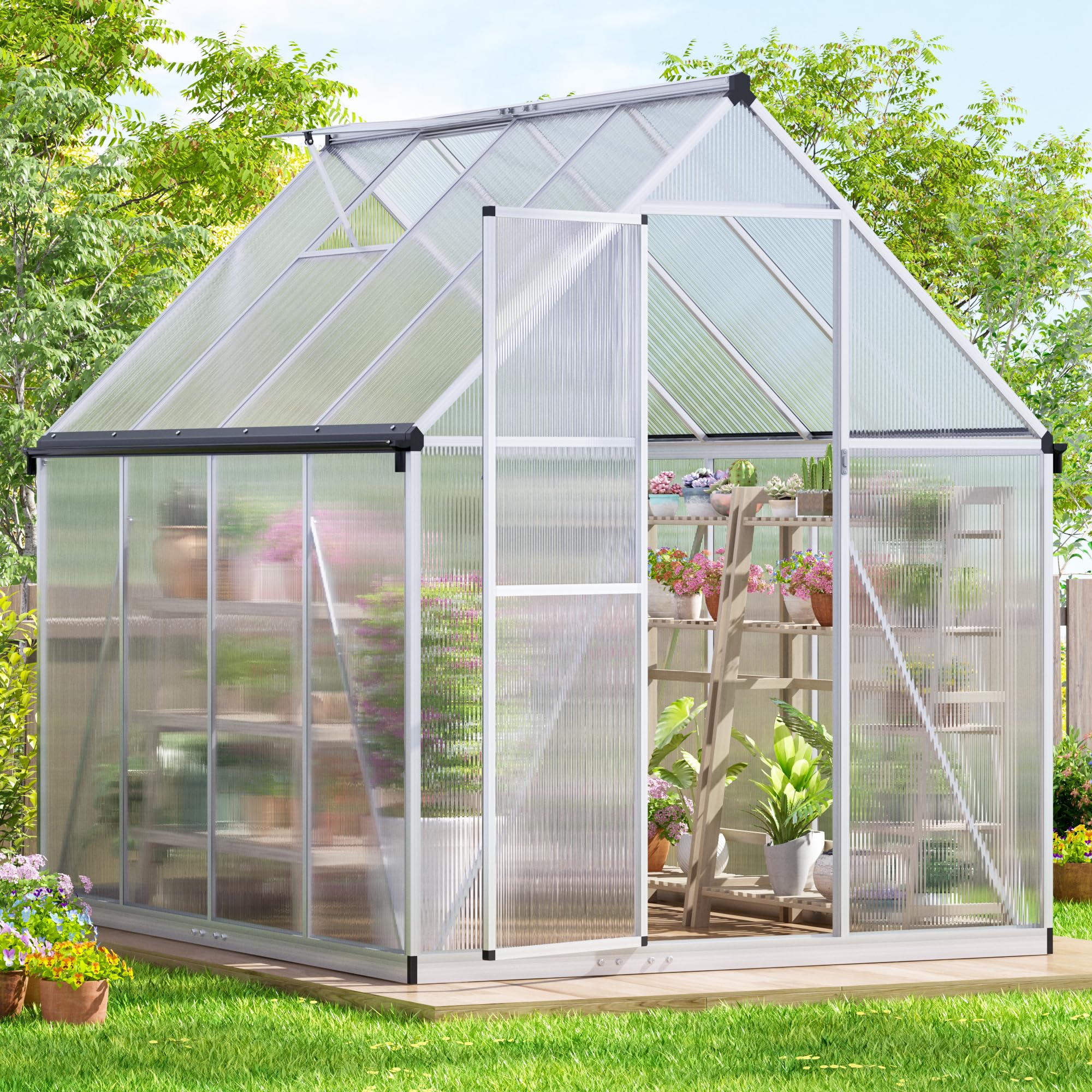 6x8 FT Polycarbonate Greenhouse for Outdoors - Quick Assembly Aluminum Walk-in Greenhouse with Roof Vent | Durable Garden Greenhouse for Backyard, Patio & Plant Nursery (Silver)