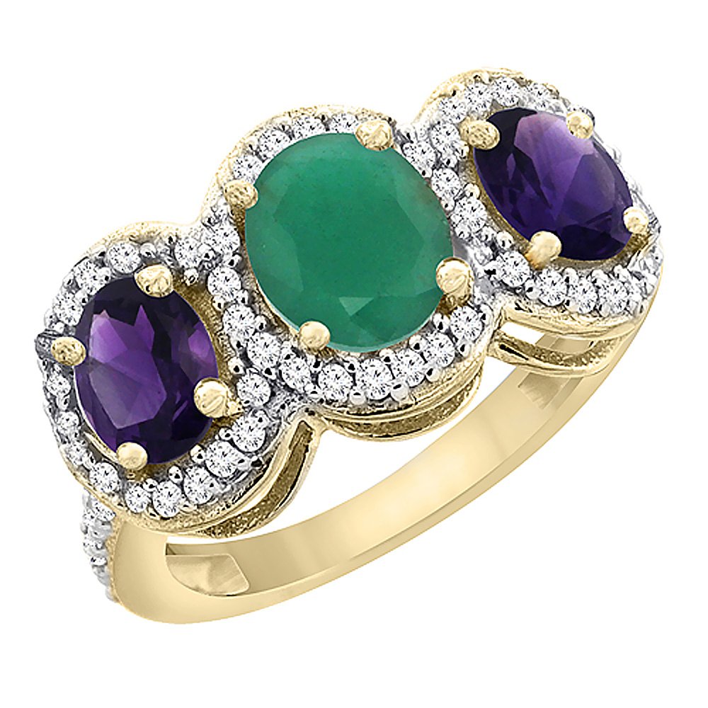 14K Yellow Gold Natural Emerald & Amethyst 3-Stone Mother's Ring with Oval Diamond Accent - Sizes 5-10 | Elegant Gift for Mom, Birthday, Anniversary & Special Occasions