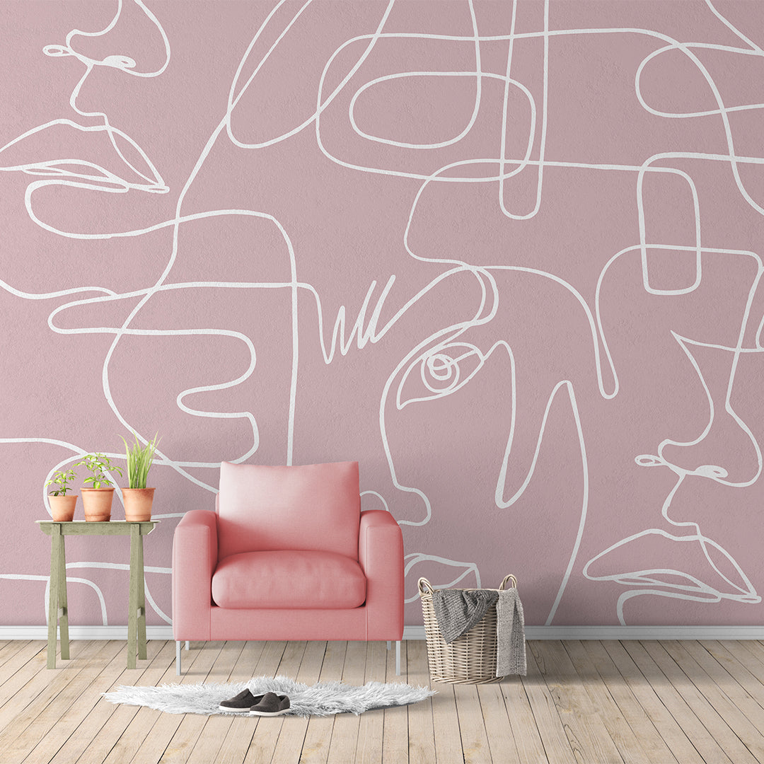 Pink Abstract Female Faces Wall Mural CCM038 - Modern Art Wallpaper for Bedroom, Living Room & Office Decor
