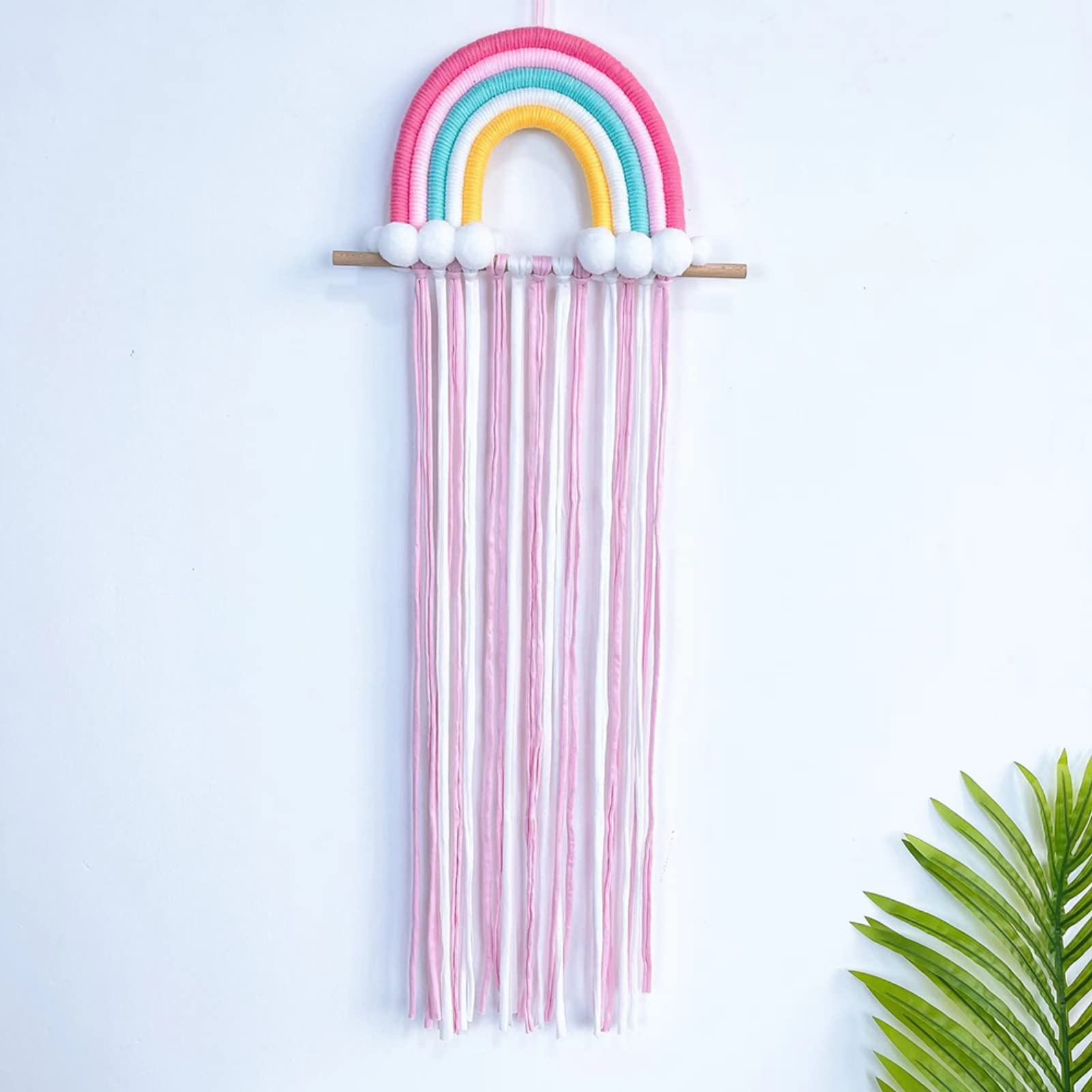 Rainbow Hair Bow Holder with Pom Poms - Baby Girls Hair Accessories Organizer Wall Mounted - Perfect for Nursery, Bedroom & Kids Room Decor (Hair Clip Storage Belt, Wall Hanging Rainbow Decoration)