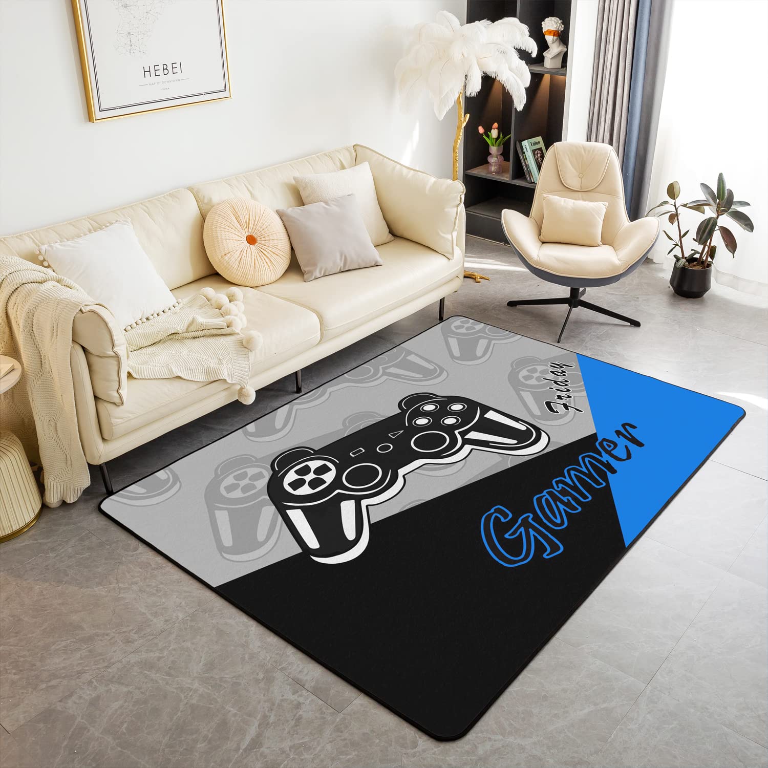 Jejeloiu 4x5 Gamer Area Rug - Blue and Black Gamepad Design Gaming Rug for Living Room, Bedroom & Game Room Decor | Perfect for Esports Enthusiasts & Gaming Setups