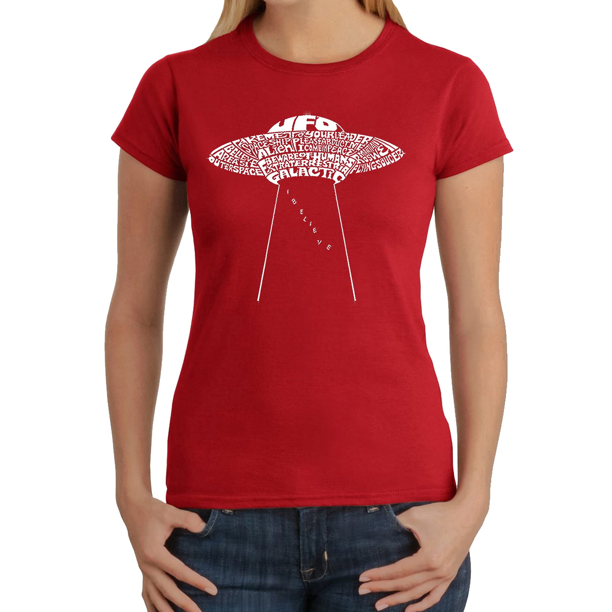 LA POP ART Women's Word Art T-Shirt - Flying Saucer UFO Design | Vintage Space Graphic Tee for Women | Perfect for Sci-Fi Fans, Comic Con & Casual Wear