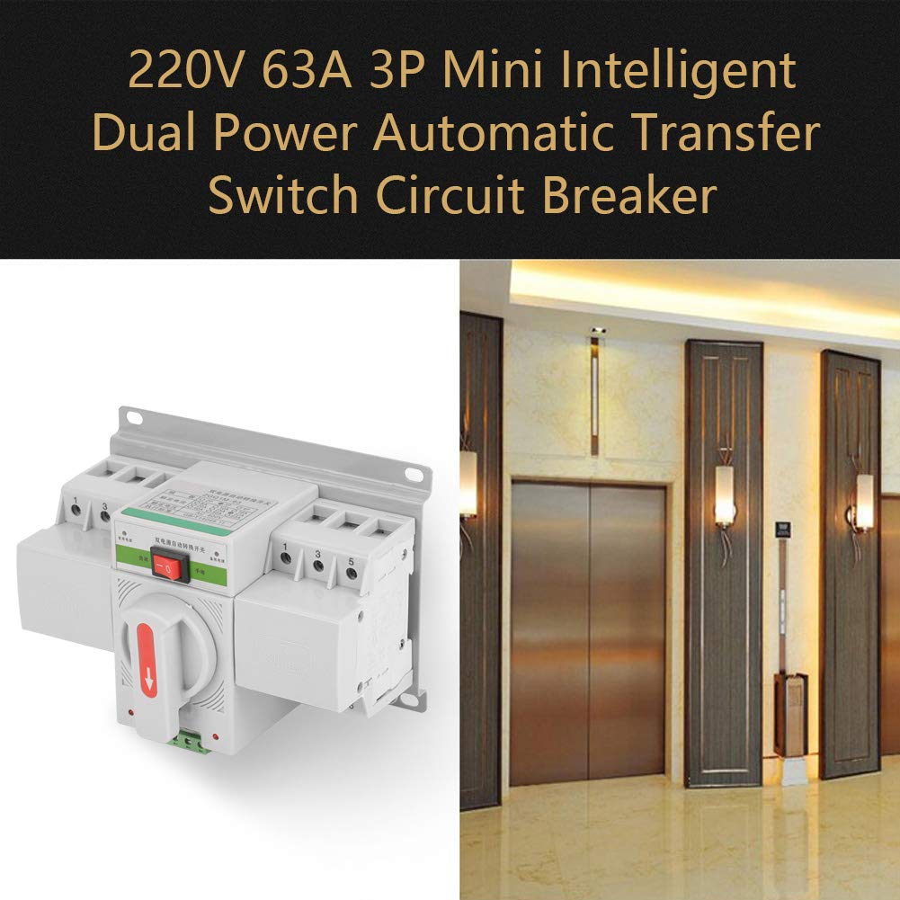ASHATA 3P 63A 220V Automatic Transfer Switch - DIN Rail Mount Power Circuit Breaker with Changeover Toggle for Home Backup & Industrial Power Supply