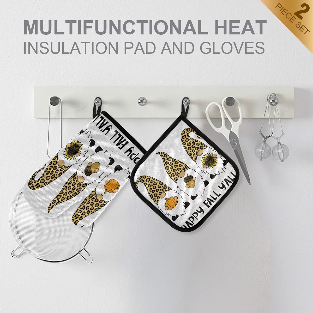 Fall Gnomes Oven Mitts & Pot Holders Set - 2-Piece Non-Slip Heat Resistant Kitchen Gloves with Pumpkin Sunflower Design - Perfect for Baking, Cooking, BBQ & Autumn Home Decor