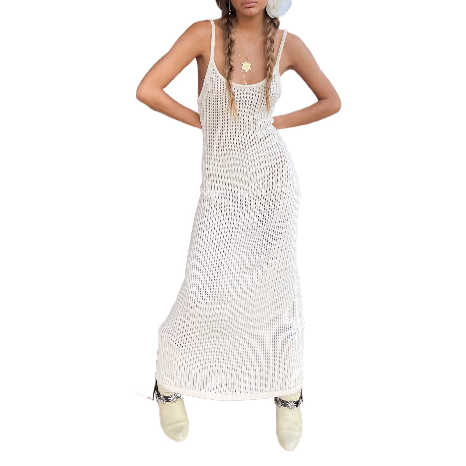 Juakoso Women's Sleeveless Y2K Print Knit Bodycon Dress - Backless Crochet Hollow Out Midi Dress for Summer Beach, Party & Night Out | Trendy 2022 Fashion