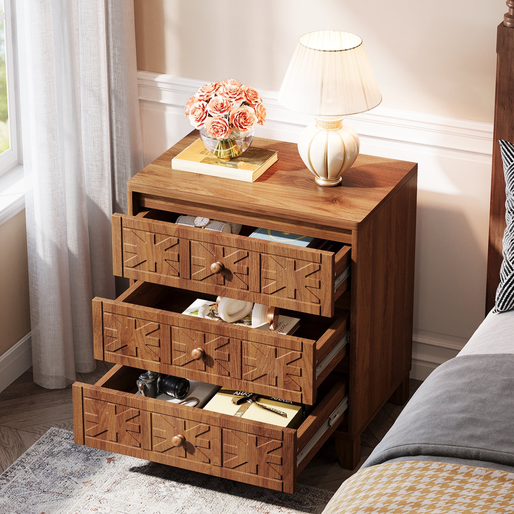 3 Drawer Nightstand - Farmhouse Style Bedside Table with Elegant Carved Patterns, Rustic Bedroom Furniture for Home Decor & Storage - Perfect for Bedroom, Living Room or Guest Room