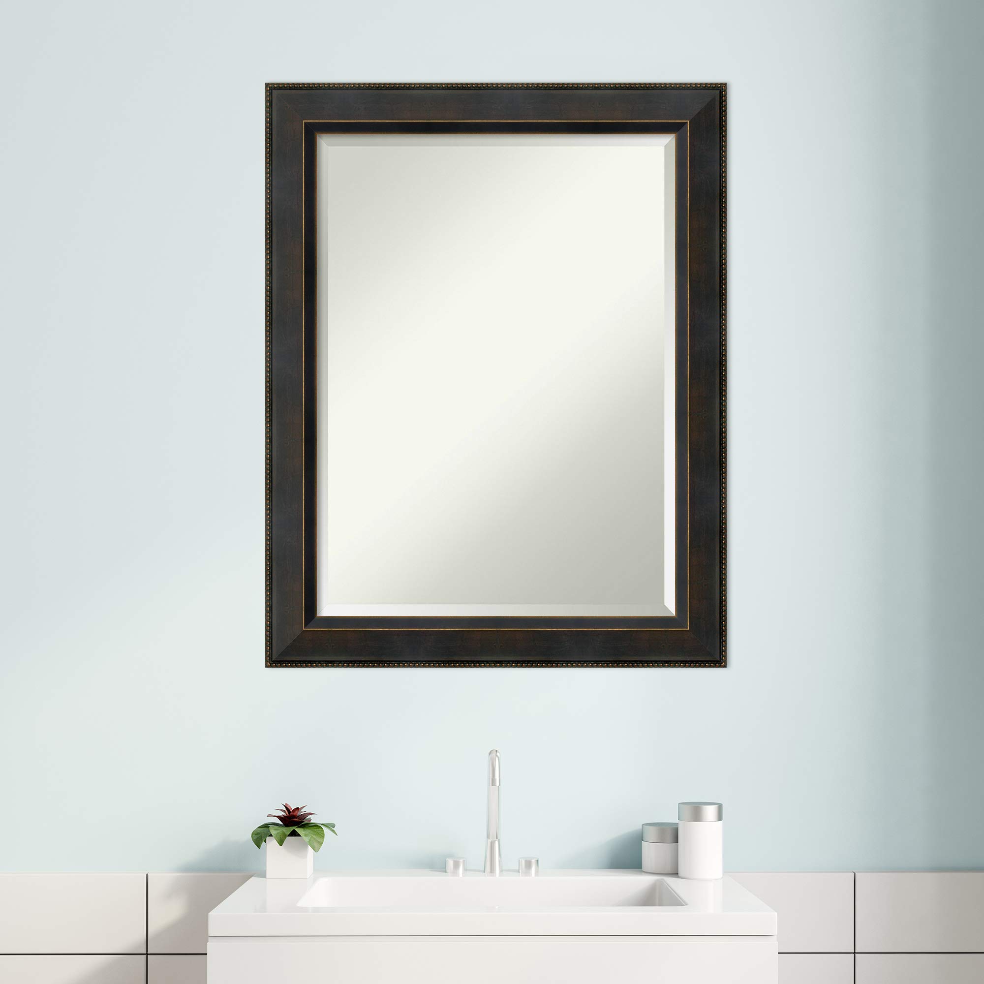 Amanti Art 28x22 Inch Bronze Bathroom Mirror for Over Sink - Traditional Wood Frame Vanity Mirror with Beveled Edge - Hangs Horizontally & Vertically - Perfect Bathroom Wall Decor for Home & Hotel Use