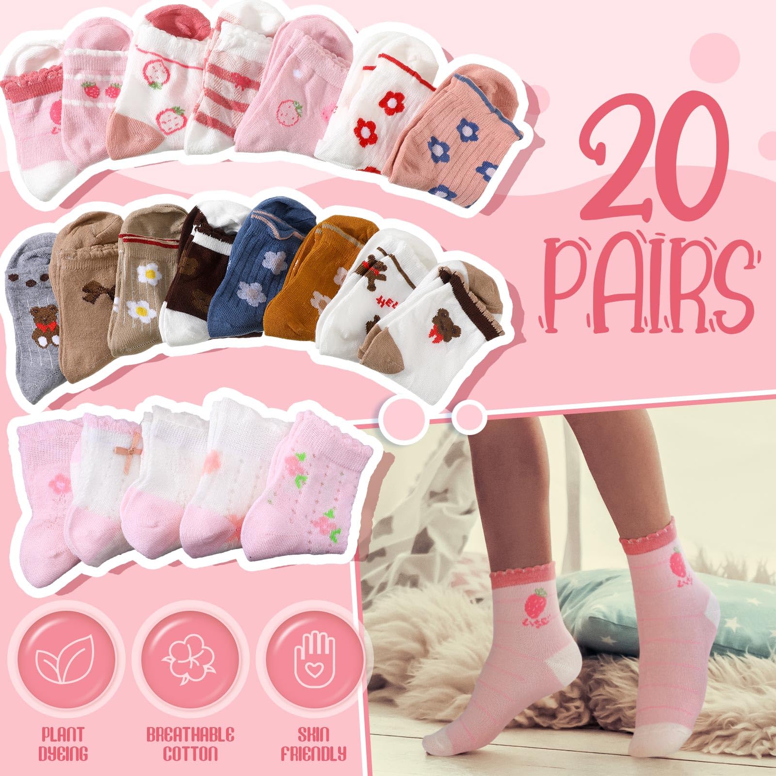 Bencailor 20 Pairs Cartoon Pattern Crew Socks for Girls - Soft Cotton Cute Ruffle Ankle Socks with Fun Designs - Perfect for School, Playtime & Everyday Wear