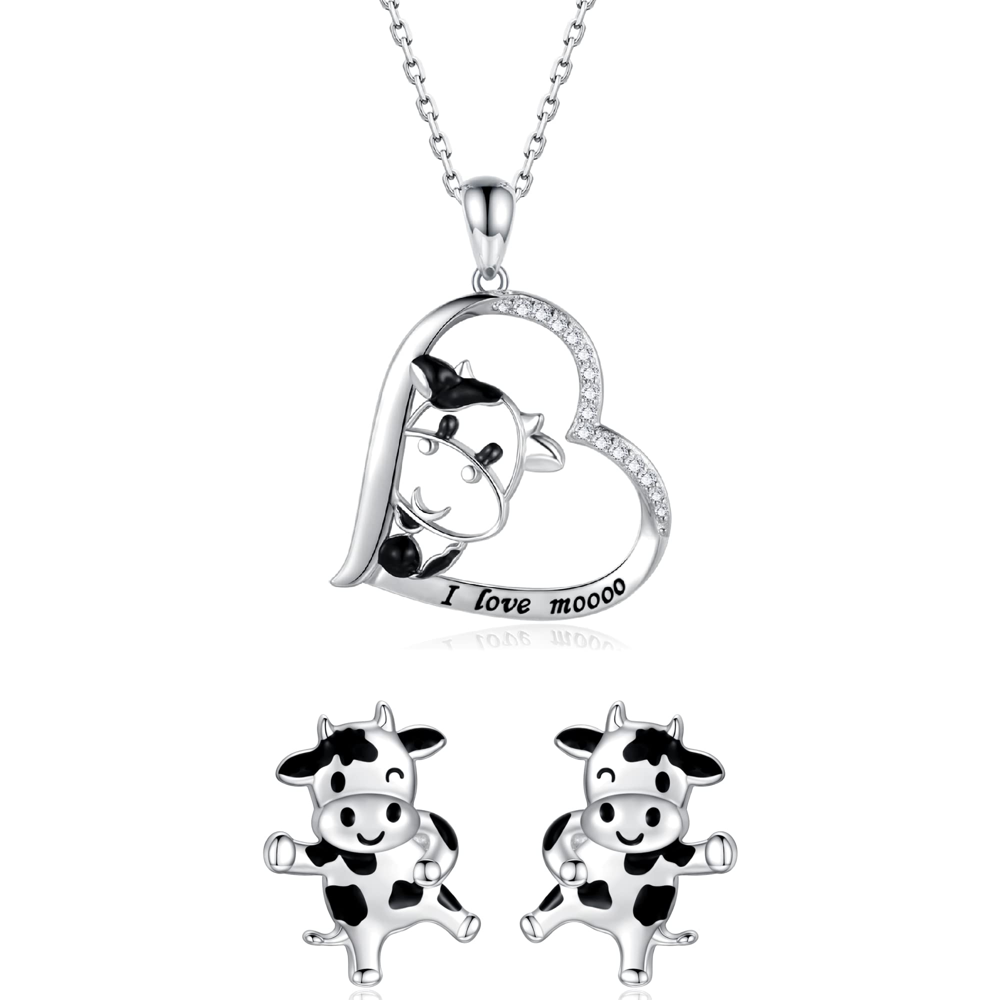 925 Sterling Silver Cow Necklace & Earrings Set - Cow Print Jewelry for Women & Girls | Birthday Gift for Her | Farmhouse Chic Style, Boho Fashion Accessory, Western Theme Outfit Jewelry