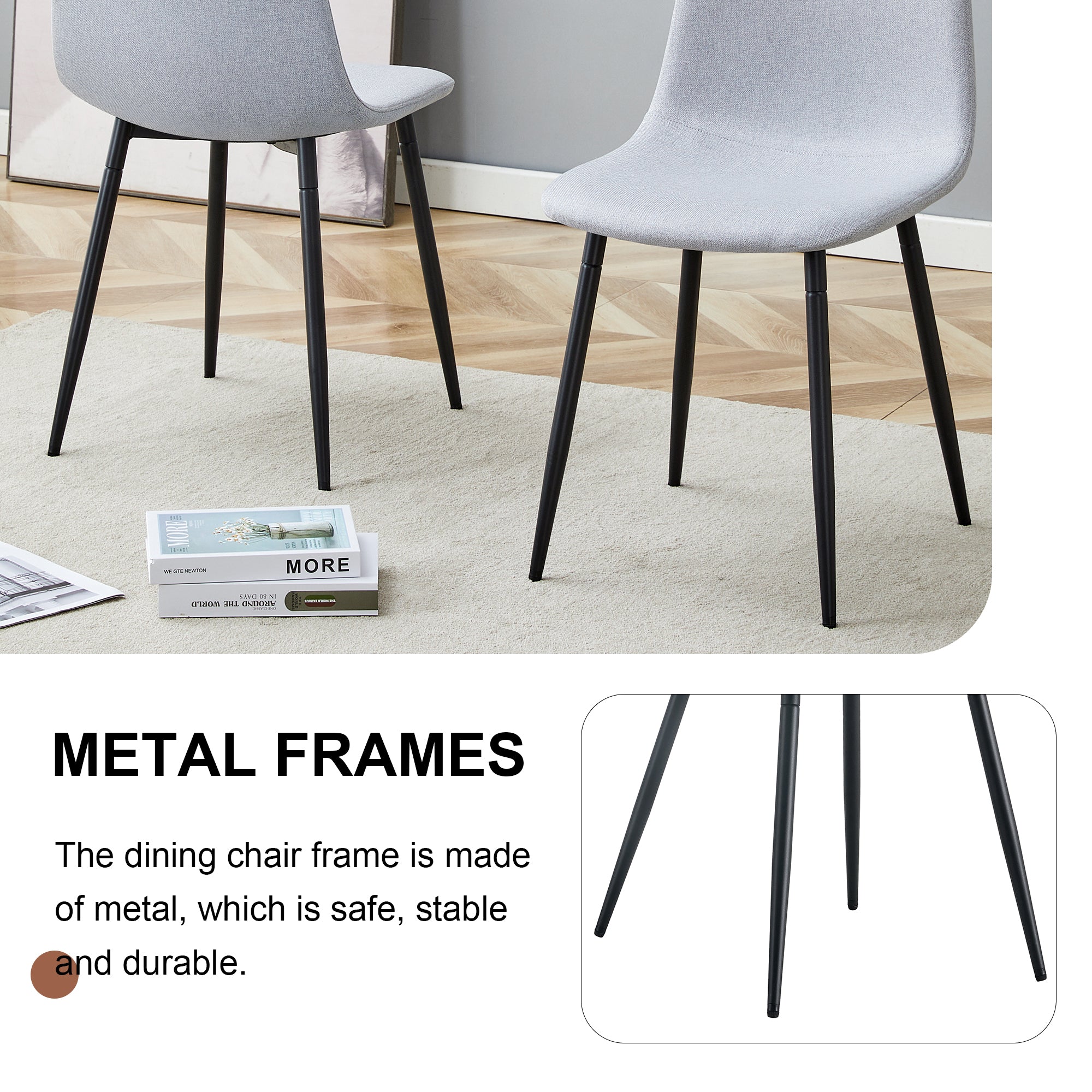 Comfortable Linen Cotton Dining Chair Set of 4 - Light Gray Modern Upholstered Chairs with Integrated Seat & Backrest for Kitchen, Dining Room & Home Decor