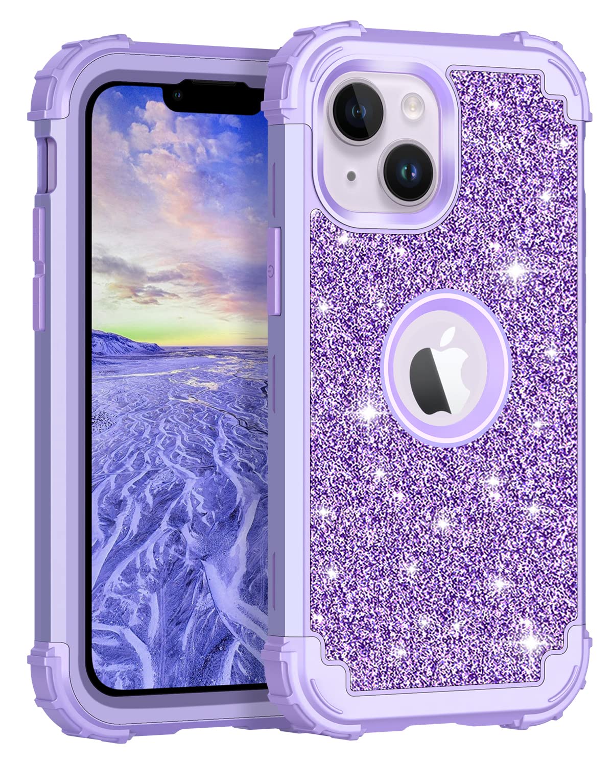LONTECT iPhone 14 Case - Glitter Sparkly Protective Cover with Shockproof Heavy Duty Hybrid Design for Apple iPhone 14 - Shiny Purple - Perfect for Everyday Use, Parties & Special Occasions