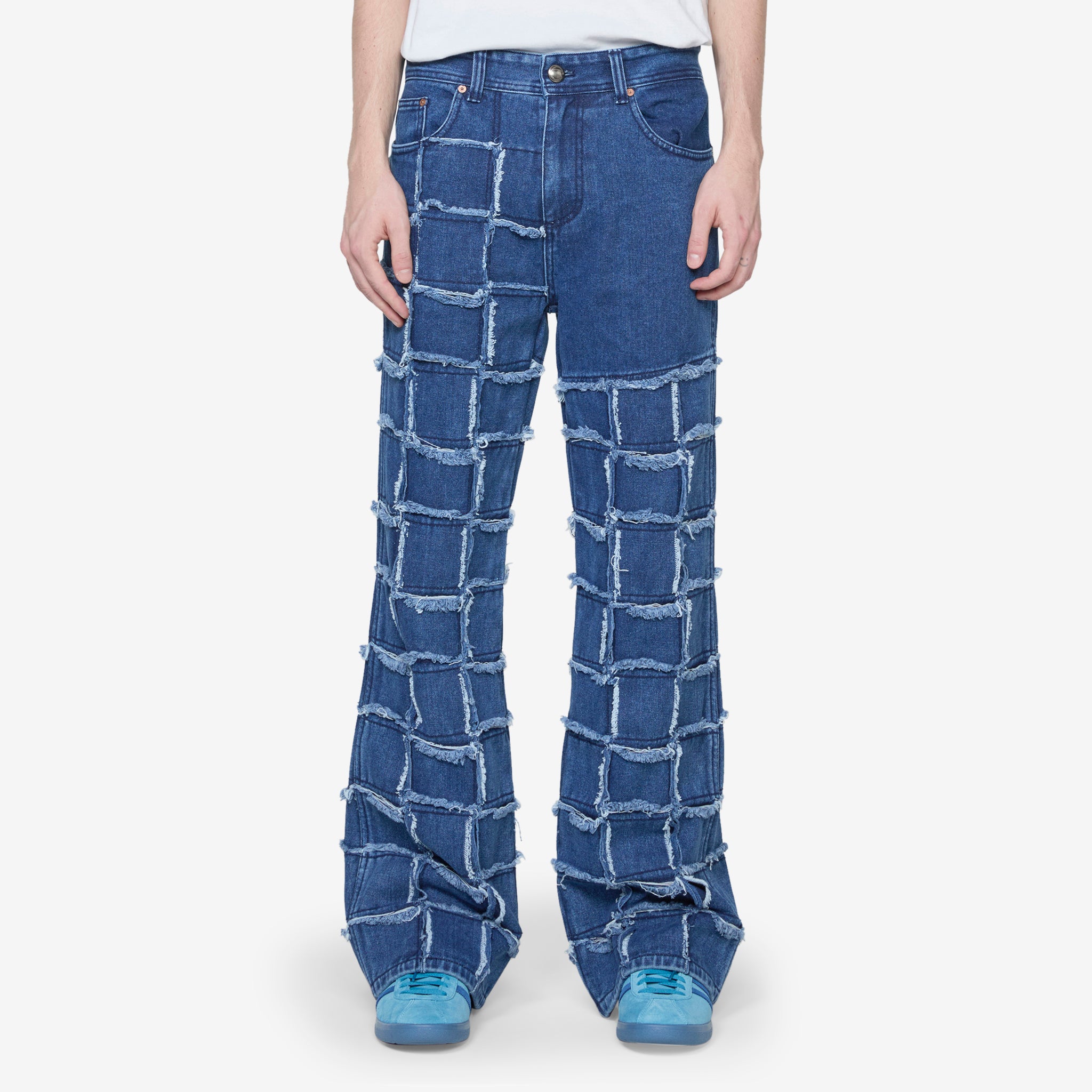 Vintage Patchwork Wide Leg Jeans for Women - Distressed Washed Blue Denim Pants - Casual Boho Style for Everyday Wear & Street Fashion