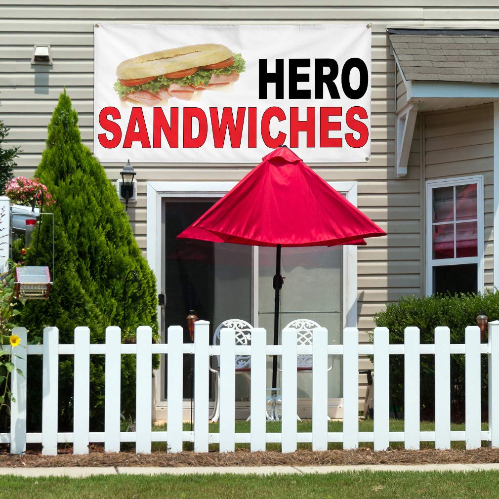 Vinyl Banner 48x96 Inches - Weatherproof Outdoor Sign with 8 Grommets for Hero Sandwiches, Food Bars, Restaurants & Food Trucks - Durable Black & Red Industrial Yard Sign for Business Advertising