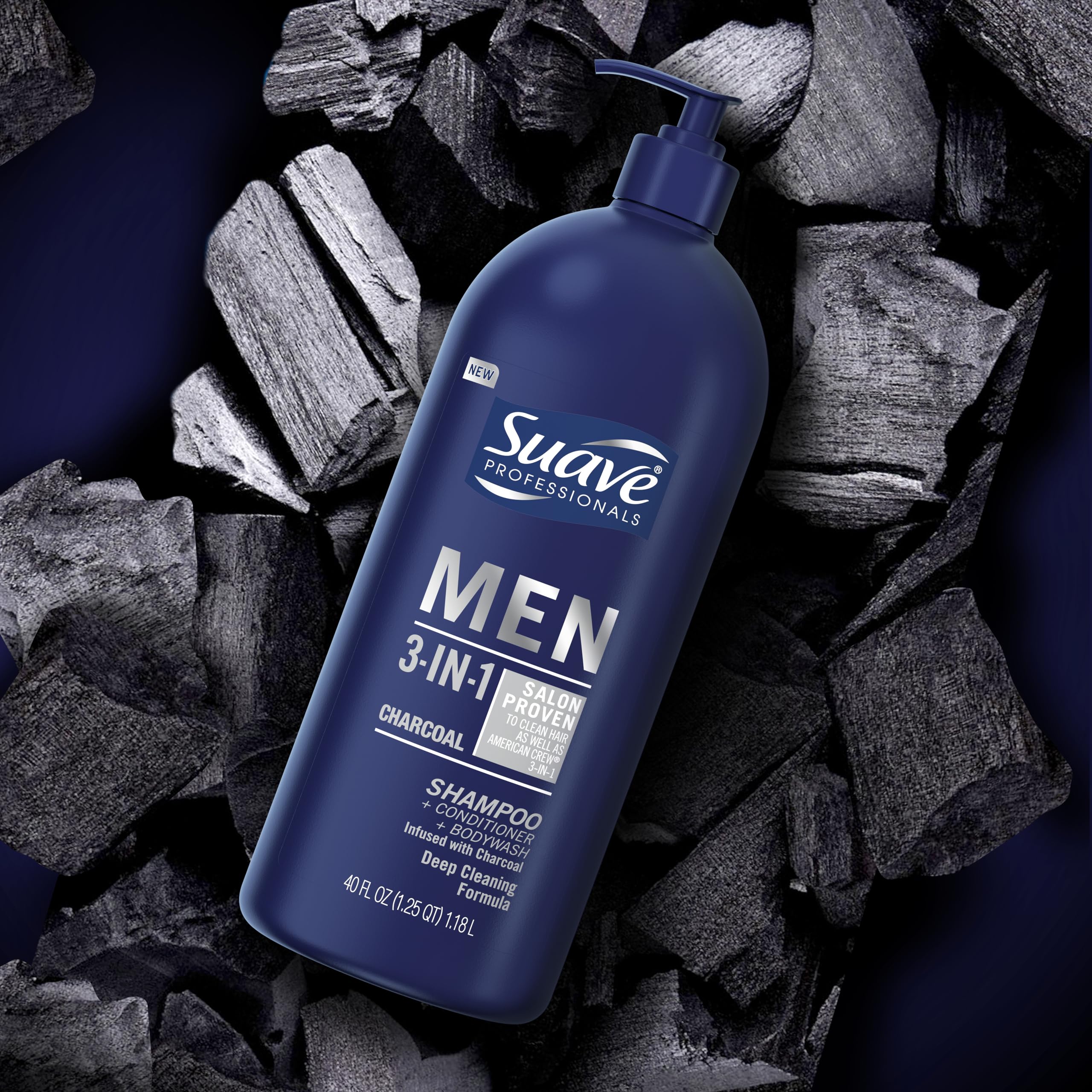 Suave Men 3-in-1 Shampoo Conditioner & Body Wash with Charcoal & Warm Ginger - 40 oz (Pack of 3) for Deep Cleansing & Nourishing Hair & Skin - Perfect for Gym, Travel & Daily Shower Routine