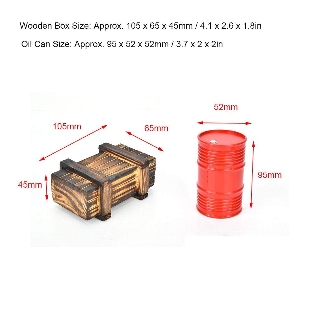 1:8 1:10 1:24 Scale RC Car Accessories - Black Metal Bucket Oil Can & Wooden Box Decoration Set for RC Crawler Vehicles | Realistic Off-Road Scenes & Display Models