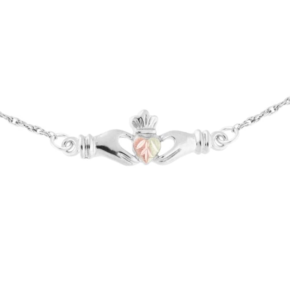 Sterling Silver Claddagh Ankle Bracelet with 12k Green Gold & Rose Gold Accents | Authentic Black Hills Gold Jewelry | Perfect for Irish Weddings, Anniversaries & St. Patrick's Day Gifts