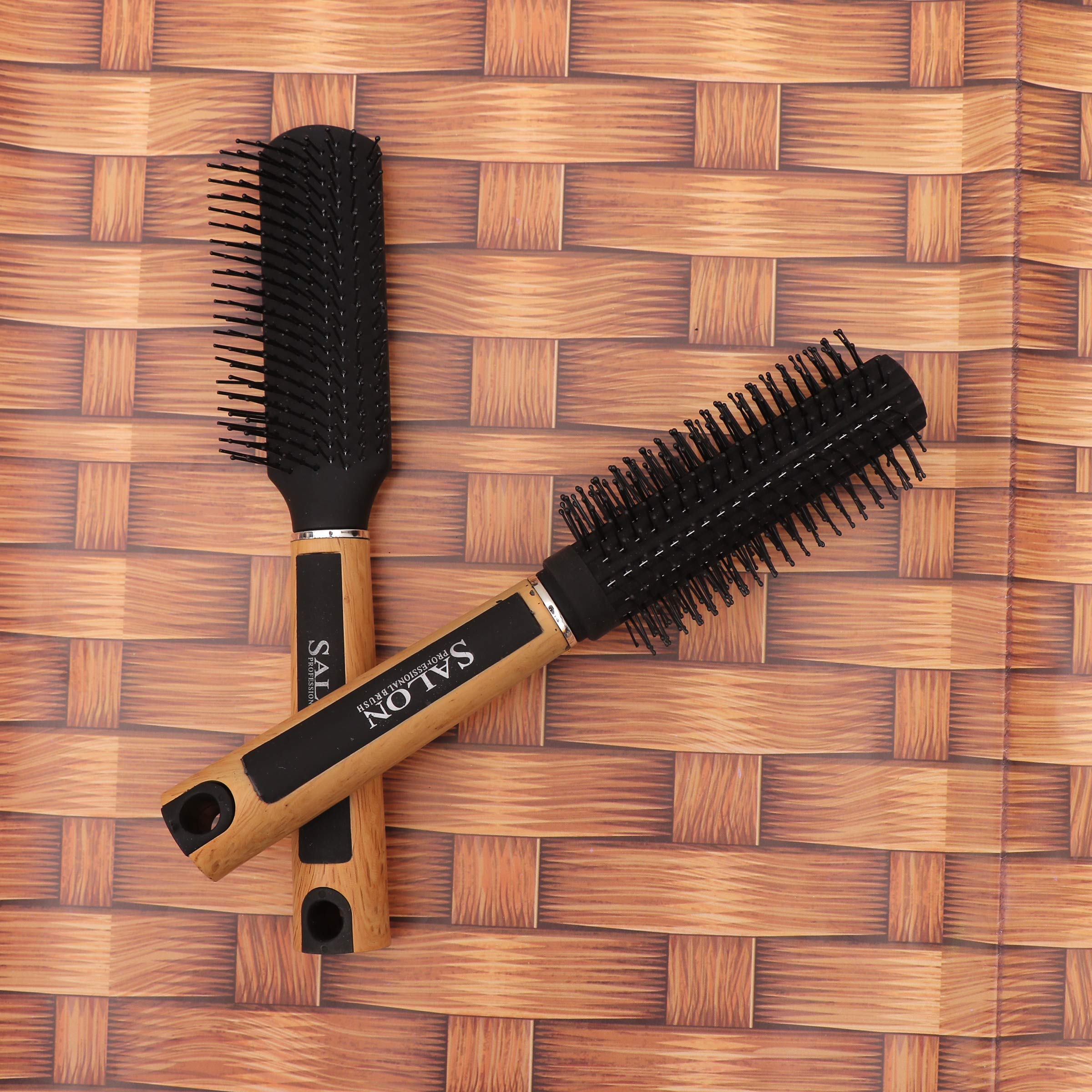 Honbon Round Hair Brush Set of 2 - Wooden & Black Handle with Soft Bristles for Smooth Styling - Perfect for Blowouts, Detangling & Salon-Quality Results at Home