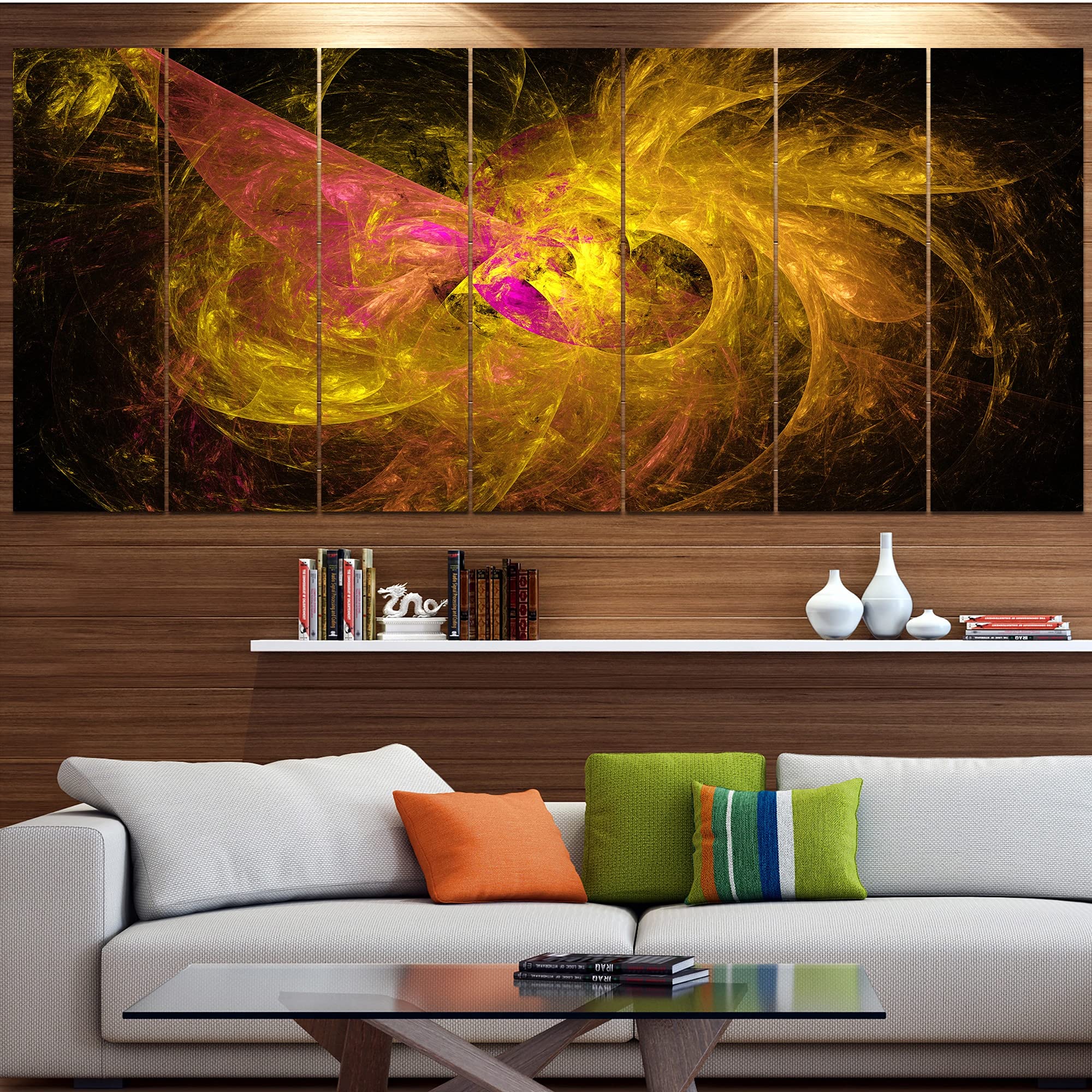 Golden Fractal Abstract Wall Art - 60x28 Inch Modern Canvas Painting in 5 Panels | Geometric Home Decor for Living Room, Bedroom & Office