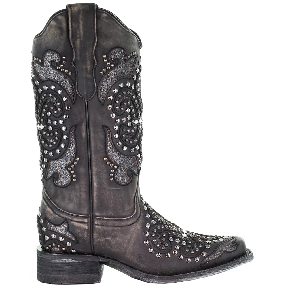 Women's Corral Boots - Glitter Studded Tooled Inlay Snip Toe Dress Boots, Mid Calf Low Heel 1-2