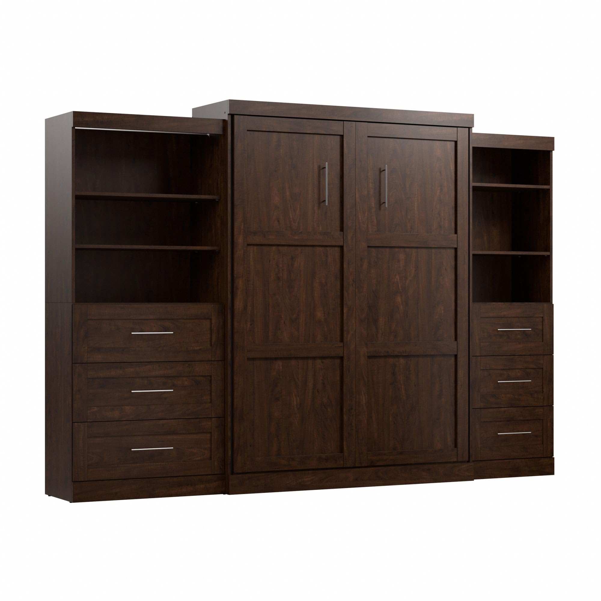Bestar Pur Queen Murphy Bed with 2 Shelving Units - Space-Saving Wall Bed with Storage & Closet Organizers, Chocolate Finish (126-inch) - Perfect for Small Apartments, Guest Rooms & Home Offices