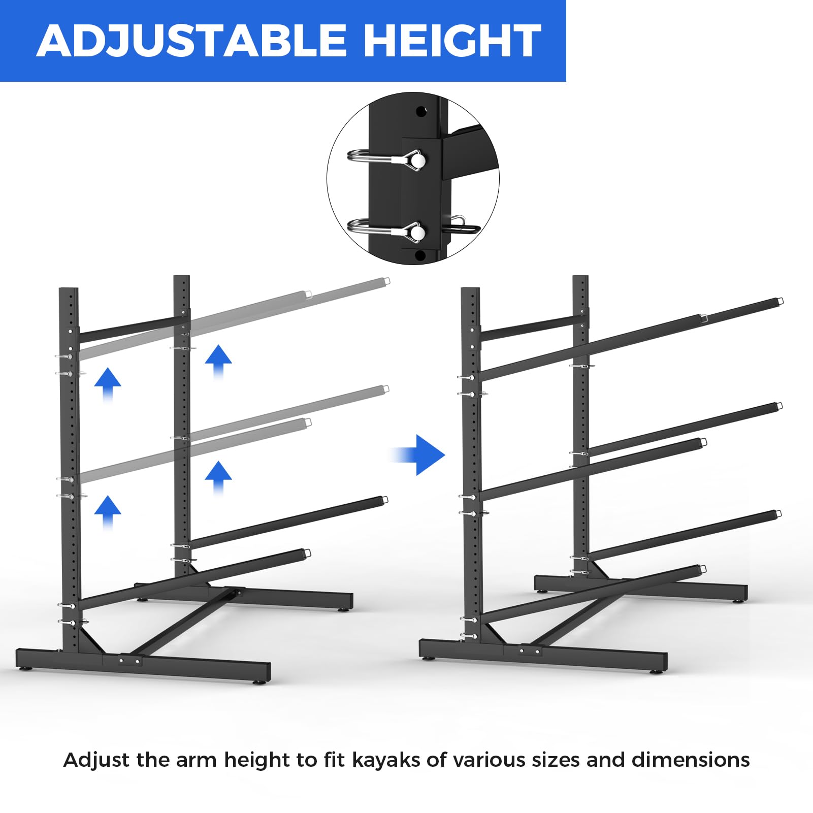 Heavy Duty Freestanding Kayak Storage Rack with Wheels - Adjustable 3-Level Outdoor/Indoor Stand for Kayaks, SUPs, Canoes & Paddleboards | Perfect for Garage, Backyard & Dock Storage