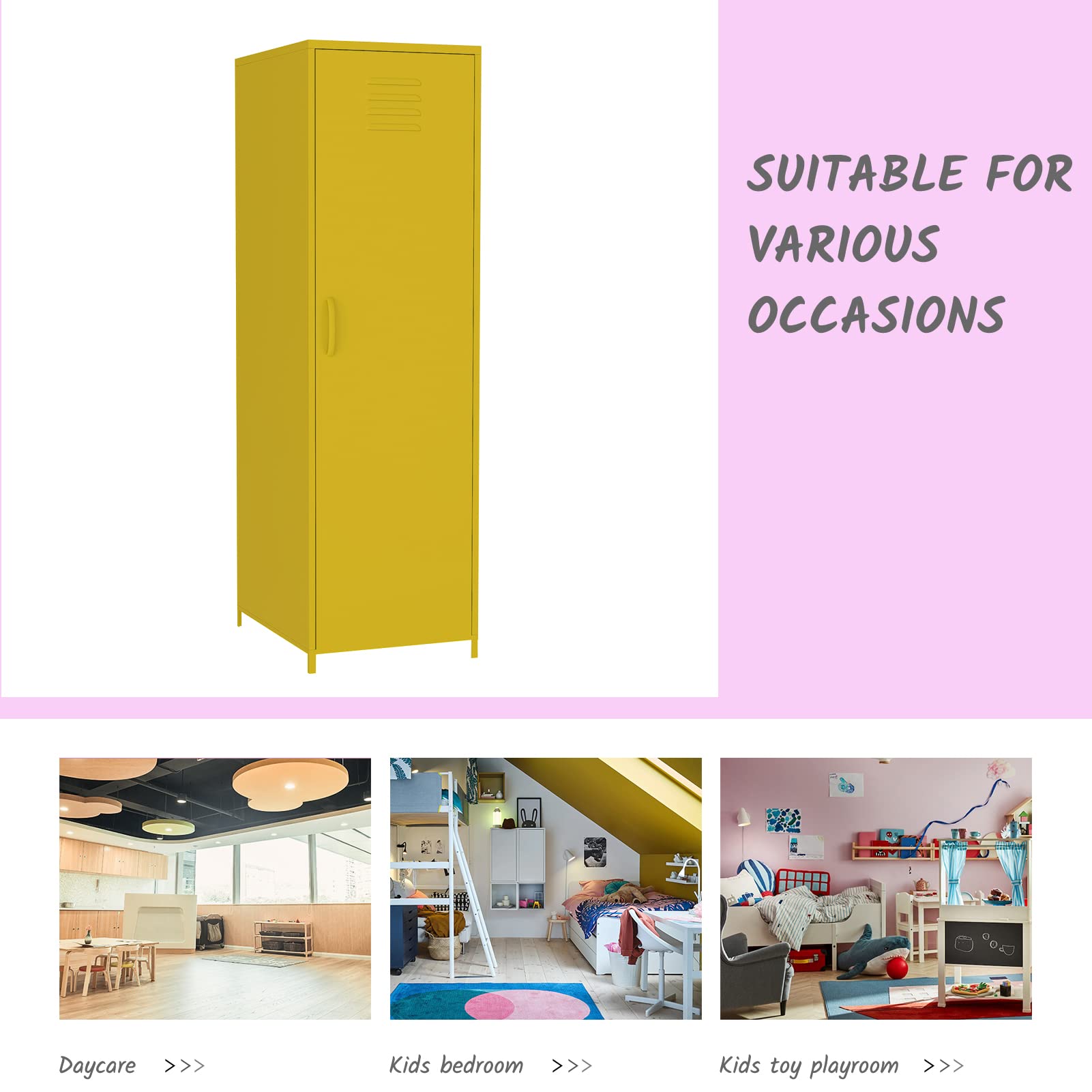 Steel Locker Cabinet with Hanging Rod & Shelves - Single Door Metal Storage Locker for Bedroom, School & Classroom - Organize Toys, Clothes & Accessories - Durable Yellow Storage Solution for Home & Office Use