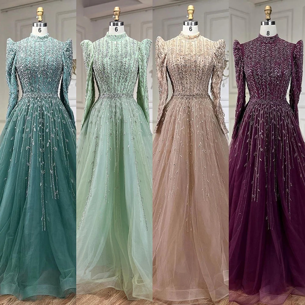 Luxury Sage Green Beaded Evening Gown - Arabic Designer Dubai A-Line Dress for Women | Wedding, Party & Formal Events 2025 | Elegant Prom, Gala & Special Occasion Wear