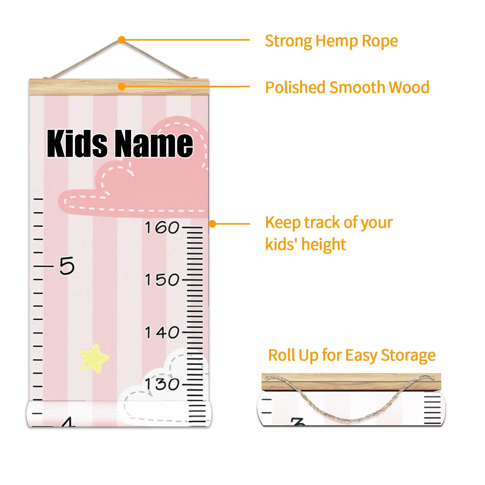 Personalized Kids Name Growth Chart Ruler - Wood Frame Wall Decor for Measuring Child's Height 13.4x56 Inches - Linen Hanging Height Tracker for Nursery & Bedroom - Cute Pink Room Decor for Girls & Boys (Perfect for Baby Showers, Birthdays & Milestone Tracking)