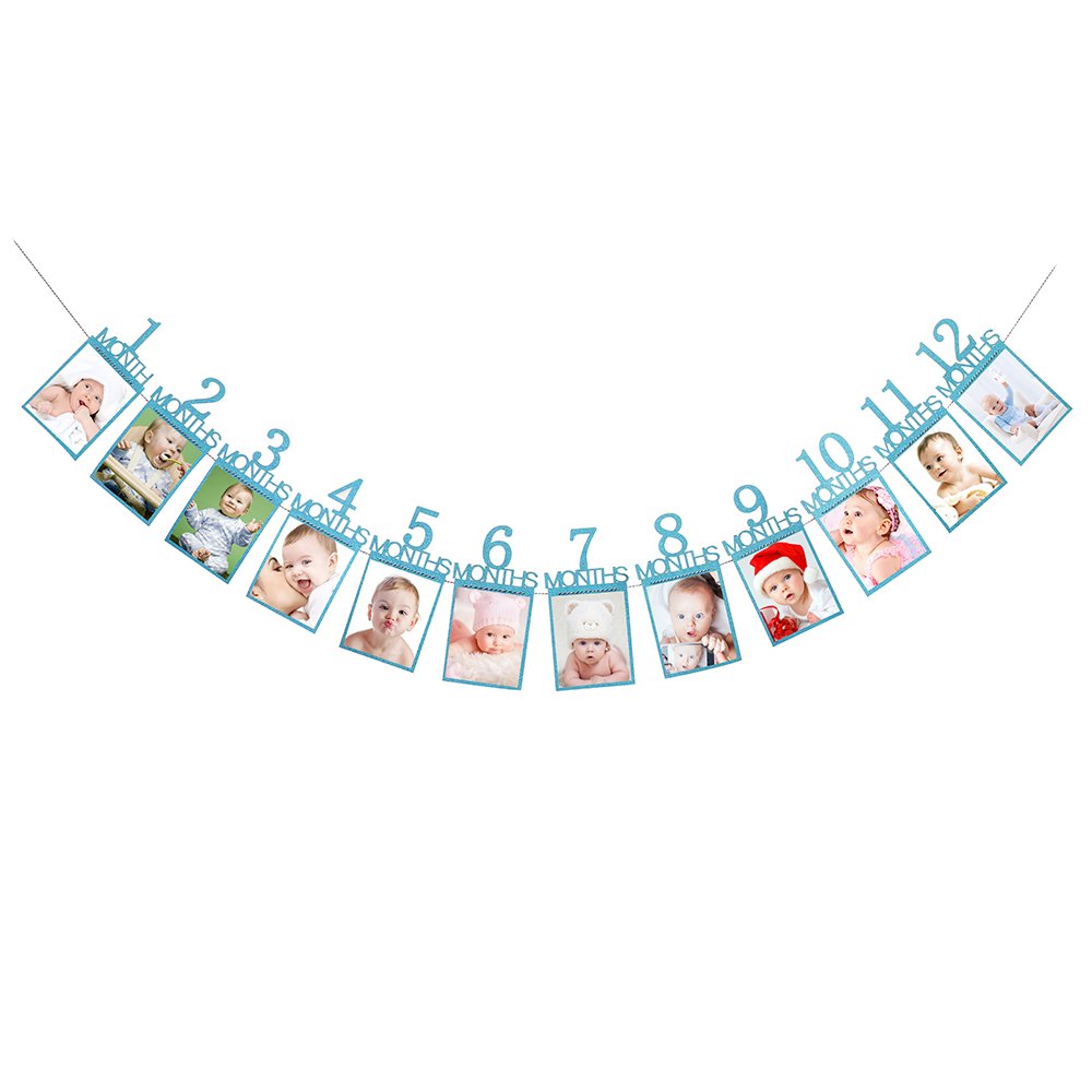 Baby's First Birthday Banner - 1-12 Month Growth Photo Collage | Blue First Birthday Party Decorations | Perfect for Baby Showers, Milestone Celebrations & Nursery Decor