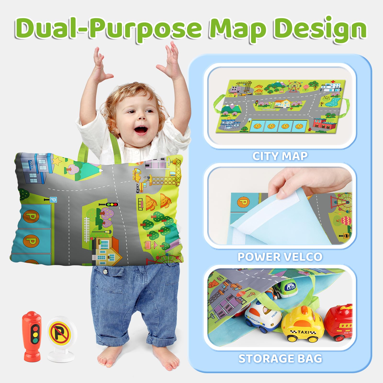 ALASOU 15-Piece Car and People Figure Toy Set with Playmat & Storage Bag - Montessori Learning Toys for Toddlers Ages 1-3 - Perfect Birthday Gift for 1-2 Year Old Boys | Great for Easter Basket Stuffers, Pretend Play, and Early Childhood Development