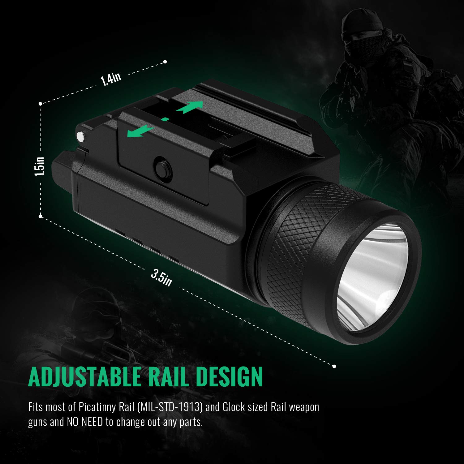 Gmconn 1200 Lumens Tactical Rail Mounted Pistol Light - Compact LED Strobe Flashlight for Handguns with 2 CR123A Batteries - Perfect for Home Defense, Hunting & Law Enforcement Use