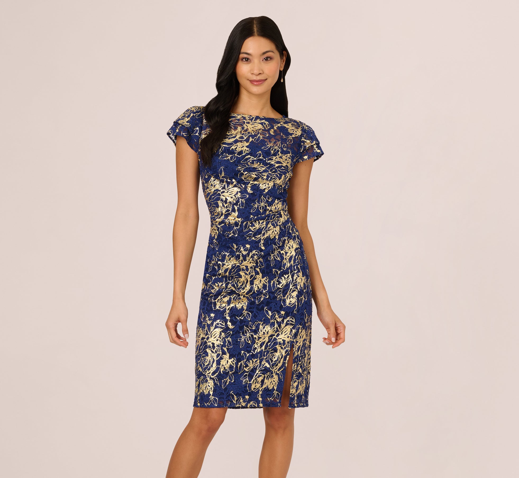 Elegant Navy Gold Cap Sleeve Foil Lace Sheath Dress for Women - Perfect for Cocktail Parties, Weddings & Evening Events