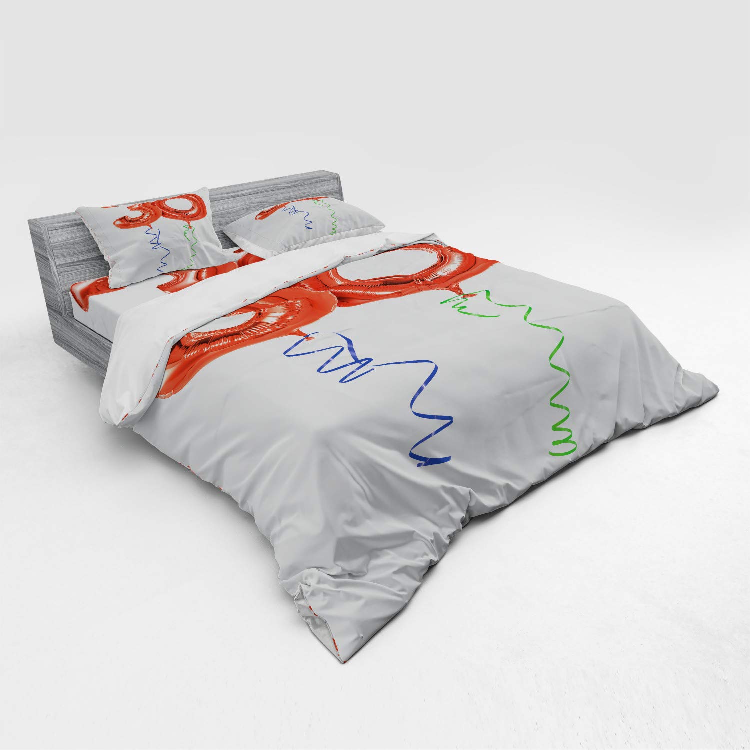 Ambesonne 30th Birthday Bedding Set - King Size 4-Piece Duvet Cover with Shams & Fitted Sheet - Red Blue Green Balloon Party Design with Swirl Ribbons - Perfect for Adult Birthday Decorations & Themed Bedroom Makeovers