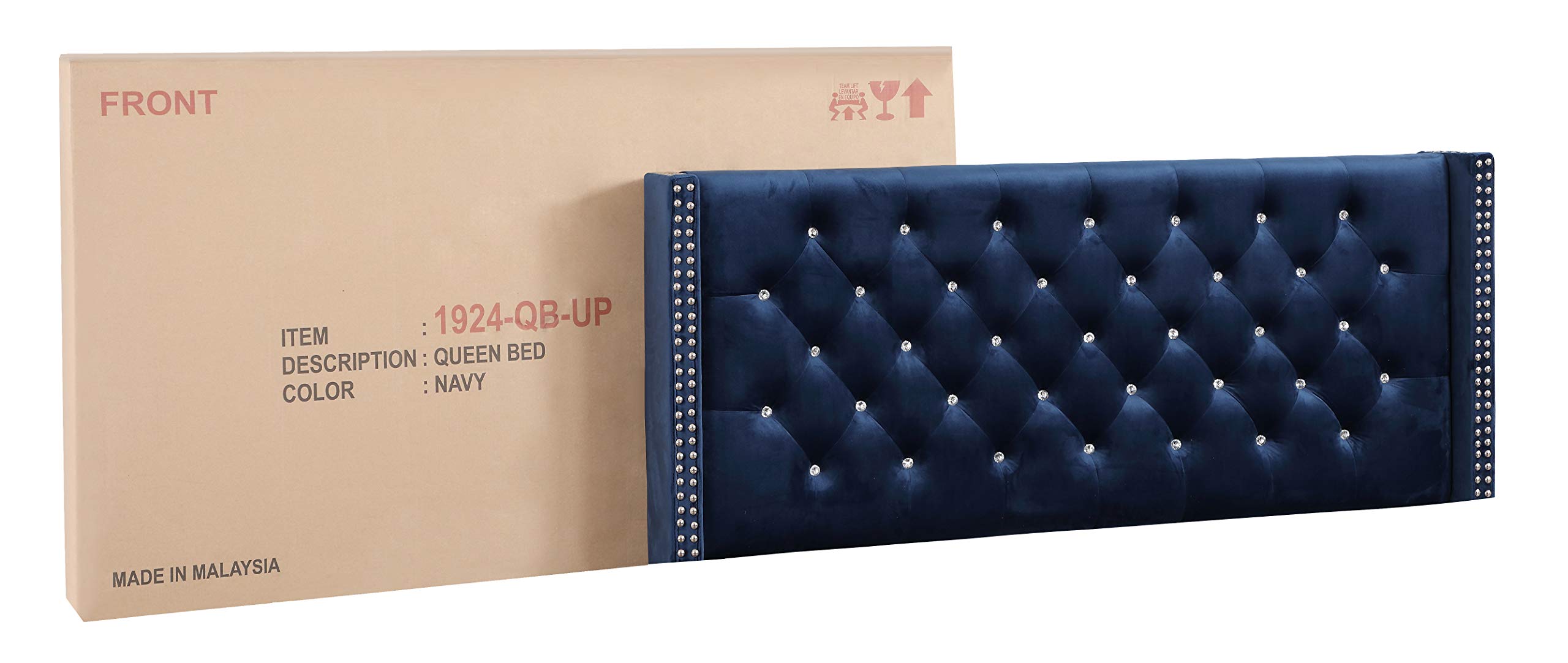 Glory Furniture Upholstered Queen Size Bed Frame - Navy Blue Fabric Headboard | Modern Bedroom Furniture for Master & Guest Rooms